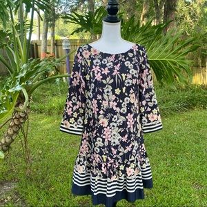 Eliza J floral print and striped dress navy blue 3/4 sleeves